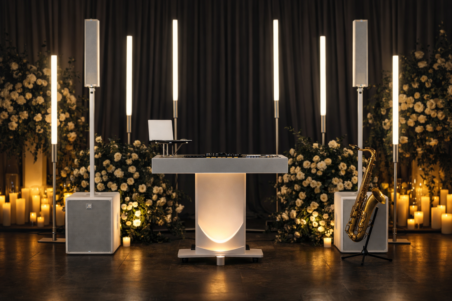 Knox Signature wedding setup with white DJ command center and architectural lighting